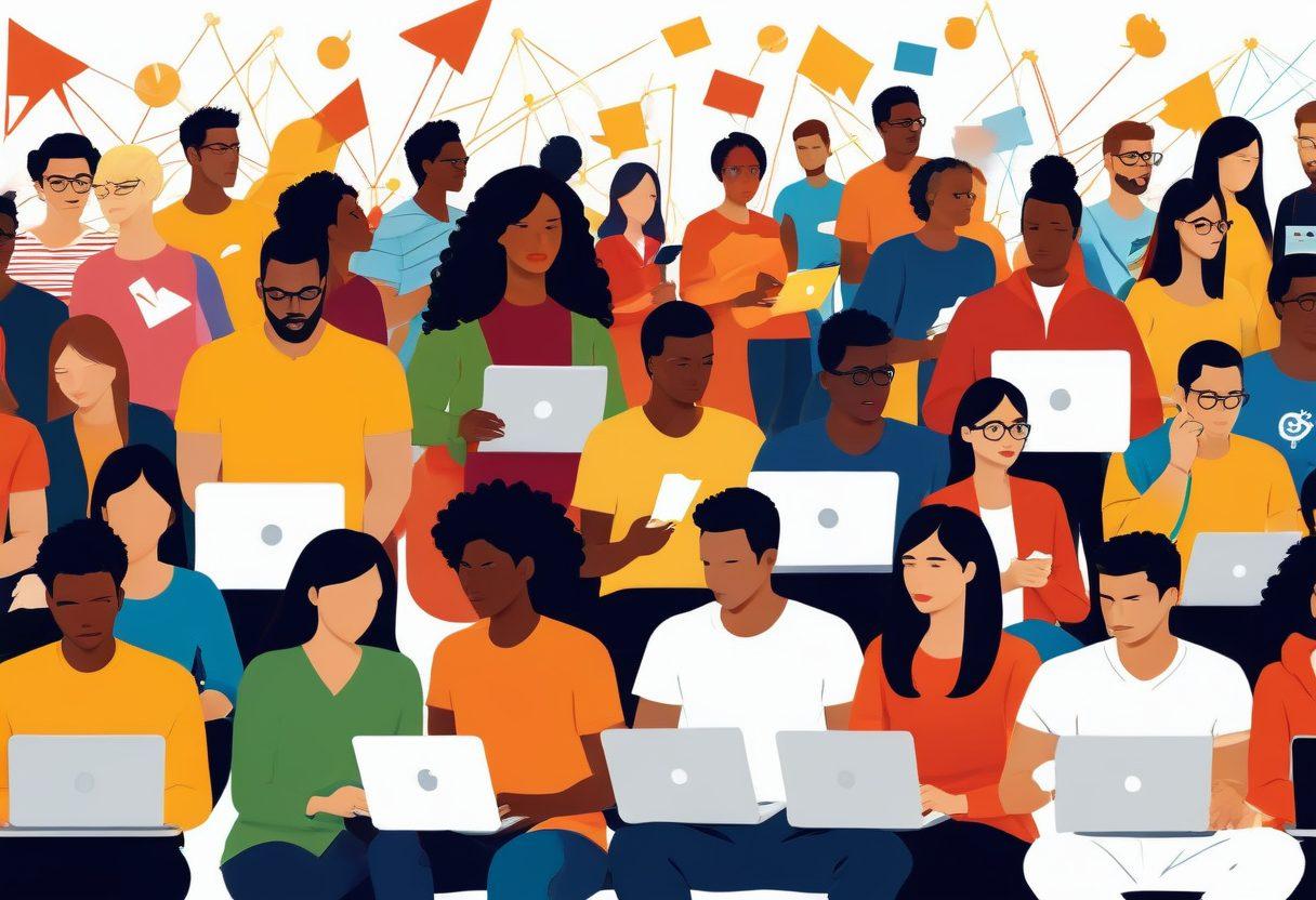 A vibrant landscape showcasing a diverse group of people engaging passionately around laptops, tablets, and smartphones, symbolizing active blogging and audience interaction. In the background, an upward arrow made of interconnected lines and social media icons represents growth and strategies. The scene is infused with warm, inviting colors to evoke a sense of community and excitement about successful blogging. vector art. vibrant colors. white background.